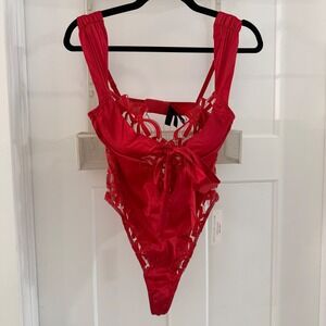 NWT S For Love & Lemons Hallie Teddy Red Satin Lace Bow Back Lingerie Bodysuit